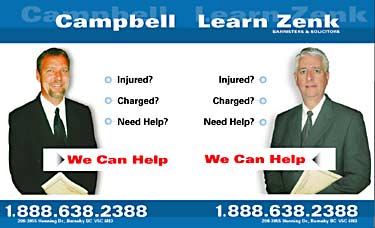 Full Service Law Firm, Campbell Learn Zenk, serves Surrey from Burnaby  Offices - lawyers Gordon Zenk and Colin Campbell in photo - NOTE TOLL FREE PHONE