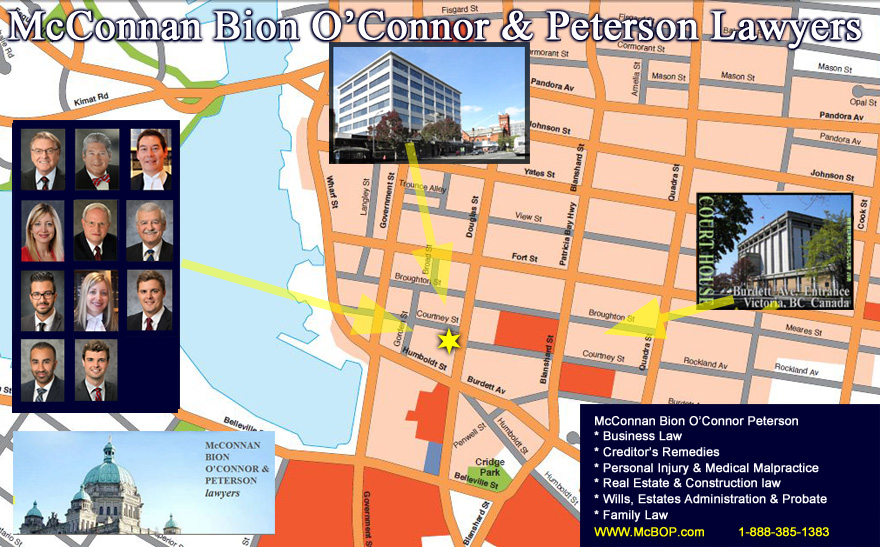 Victoria BC downtown street map, showing location of McConnan Bion O'Connor Peterson Law Offices, with   lawyers photos as of  2022 May