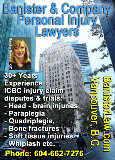 Sandra Banister, QC, photo in front of Marine Building on Burrard St. downtwon  Vancouver where her office is located for  over 30 years experience as a personal injury lawyer Click for more info.