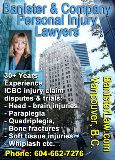 Sandra Banister, QC with downtown Marine Bldg. in photo, has over 30 years experience for ICBC Auto & Motorbike Injury Claims settlements  and court trials- CLICK TO BanisterLaw.com