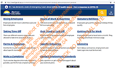 Screen Shot of BC Government web introduction and explanation of the BC Employment Standards Act guidelines and regulations - click to their website 